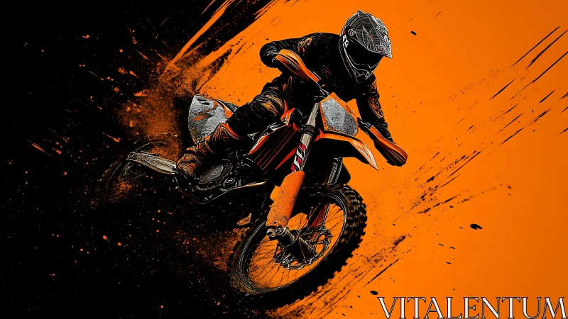 Motocross rider on dirt bike against orange graphic field.