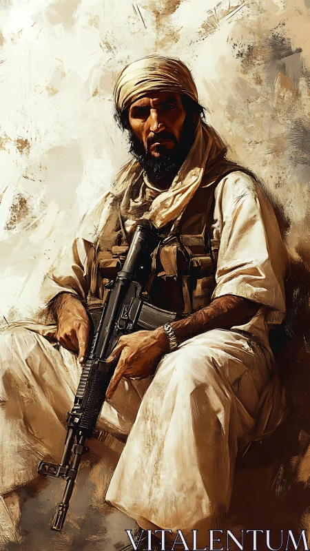 Armed desert fighter sits in harsh light, exuding tense resolve