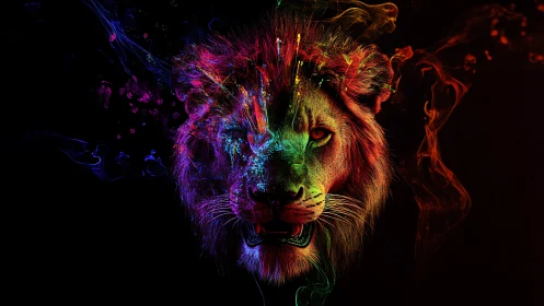 Neon spectral lion head in high-contrast digital painting.