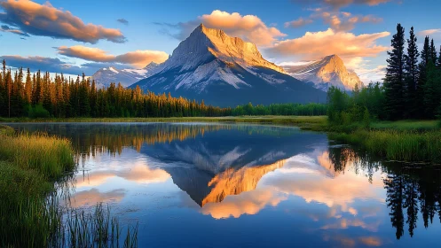 Sunlit alpine peak mirrored in a tranquil mountain lake.