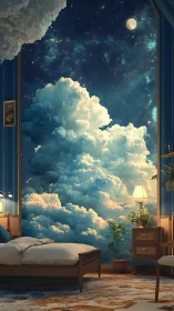Bedroom interior framed by expansive clouds and night sky.