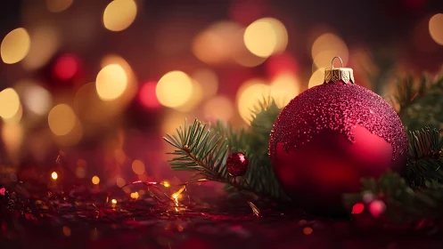Cozy red Christmas ornament glowing in soft holiday lights.