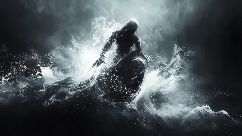 Stormborn silhouette riding a tidal crown of ghostlight.