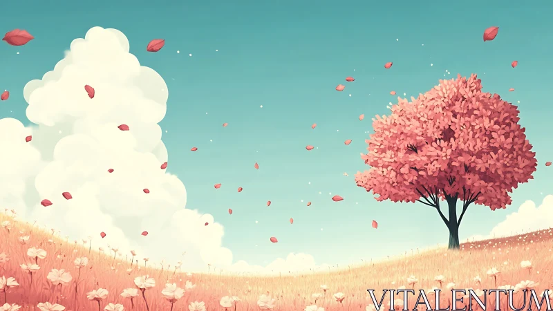 Soft breeze over a rosy hill and lone dreaming tree.