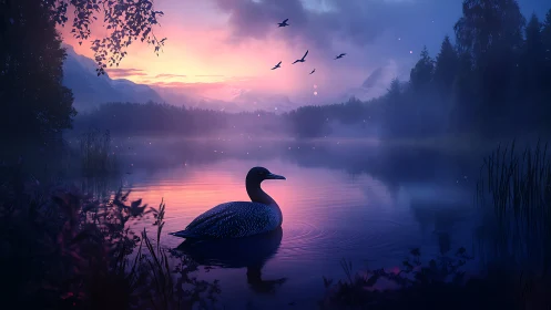 Twilight loon composes rippling poetry across a violet lake