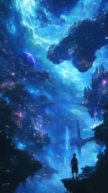 Lone explorer gazes across luminous floating cyber megacity.