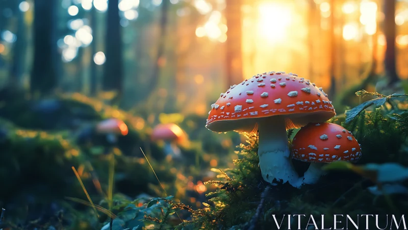 Fly agaric mushrooms stand in sunlit forest moss at sunrise
