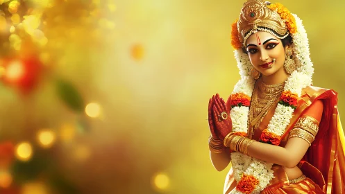 Hindu goddess figure in traditional saree against gold bokeh.
