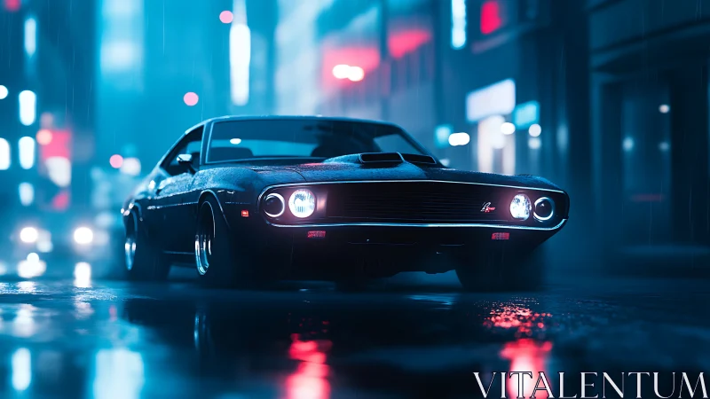 Classic muscle car prowls a neon city street at night.