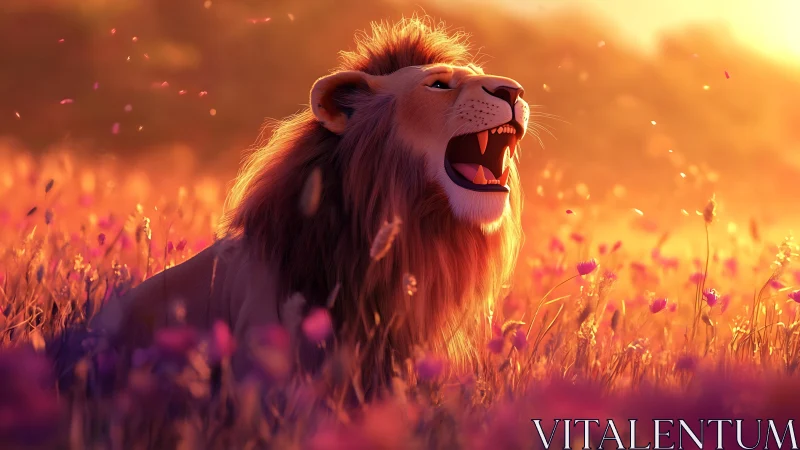Sunlit lion king roaring across a glowing wildflower sea.