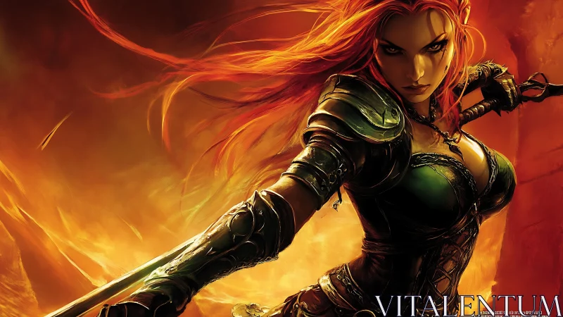 Fiery warrior heroine charges through a blazing fantasy battle