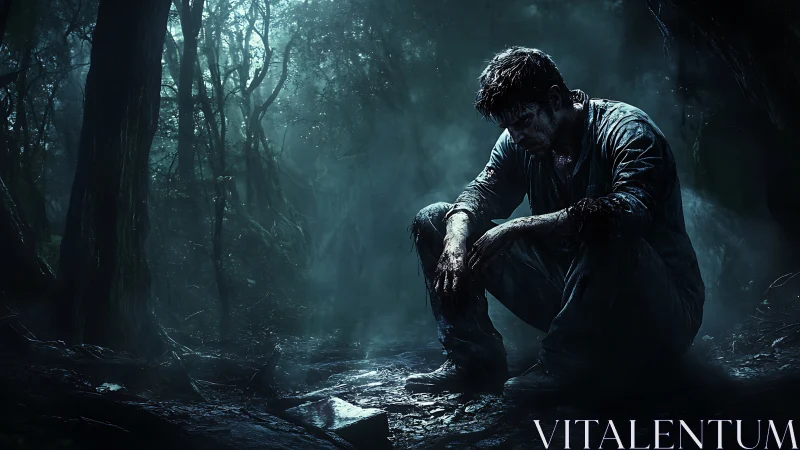 Solitary seated figure in dark, mist-filled forest environment.