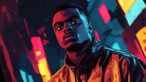 Urban portrait glows in neon-lit cyber aesthetic nightscape.