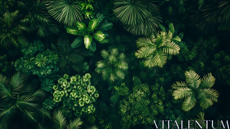 Overhead view of dense tropical foliage and layered canopy.