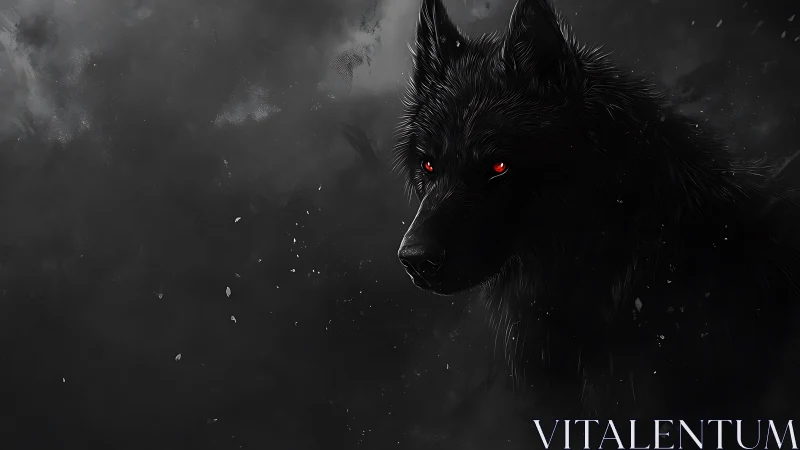 Shadow-cloaked black wolf with burning crimson eyes poised.
