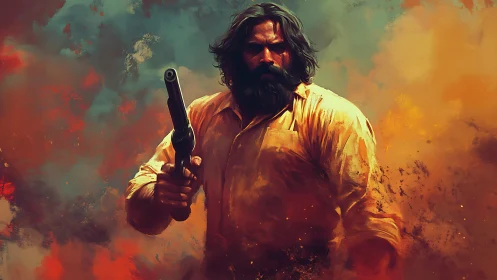 Storm-lit gunslinger strides through ember stained chaos.