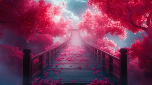 Digital painting of ethereal bridge in luminous sakura canopy.