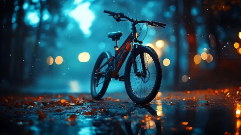 Red bicycle on wet urban street at dusk with bokeh lights