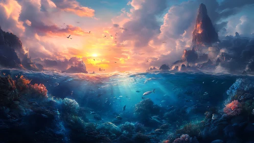 Sunlit ocean dream where sky and coral worlds meet.