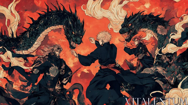 Dynamic triadic duel with serpentine dragons in high-contrast reds