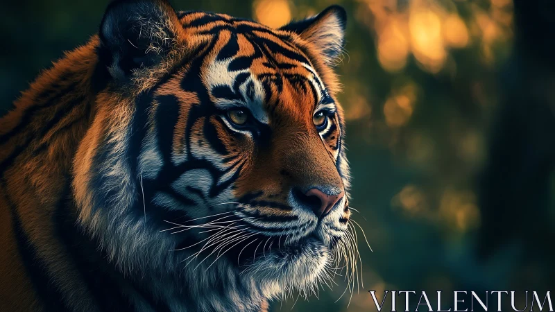 Regal tiger gazes into warm forest dusk in close-up portrait.