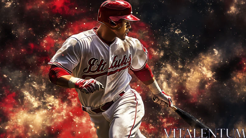 Digital painting baseball batter amid explosive light field.