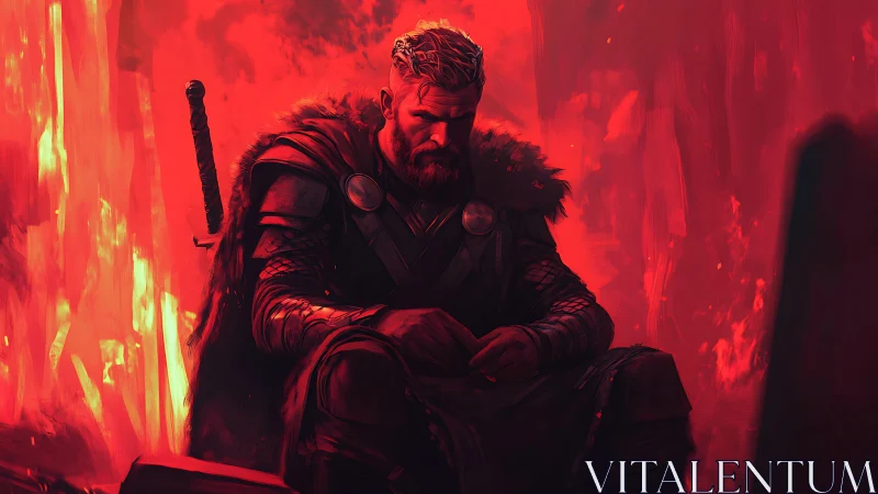 Brooding warrior rests in crimson firelight after fierce battle