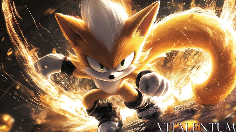 Energetic fox character lunges forward amid dynamic fire trails