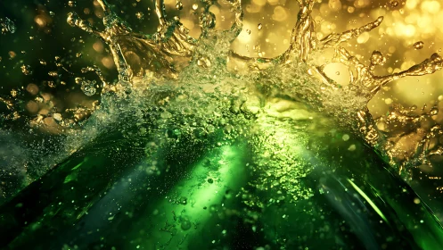 Emerald splash erupts into liquid gold under sparkling light