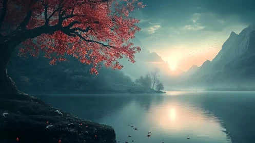 Scarlet dreamtree leans over a mist-silvered mountain lake
