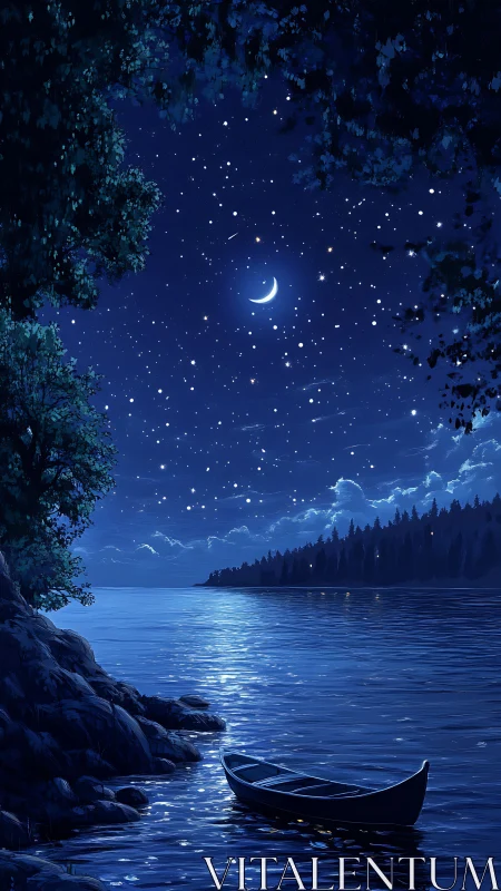 Moonlit lake shoreline with canoe under starlit sky.