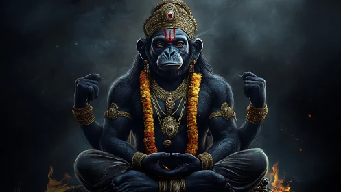 Four-armed anthropoid deity figure in meditative seated pose.