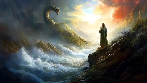 Mystic robed figure confronts sea serpent amid stormy dawn.