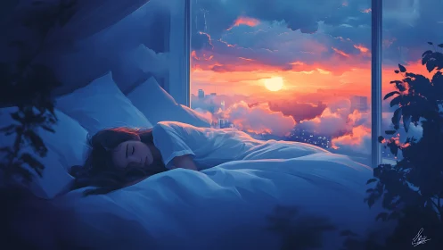 Girl sleeps in blue bedroom facing radiant cloud sunrise.