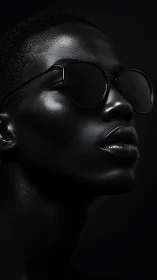 Monochrome portrait with reflective sunglasses and glossed lips.