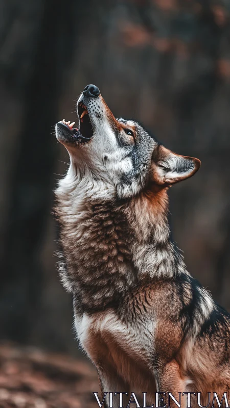 Howling gray wolf rises against soft blurred forest backdrop.