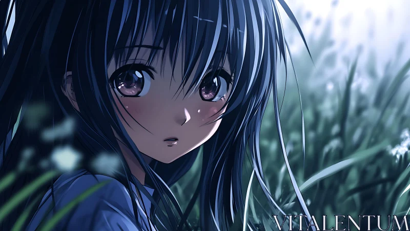Anime girl with long dark hair in soft grassy field.