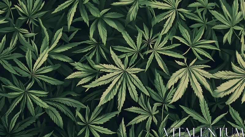 Overlapping cannabis foliage forms a dense botanical surface study