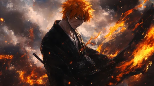 Orange haired swordsman stands in flames and storm clouds