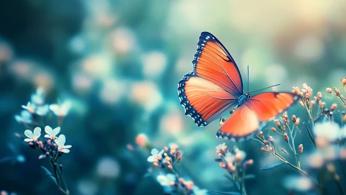 Gentle orange butterfly drifts softly through a dreamy garden