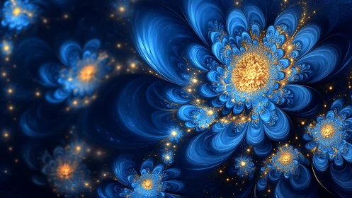 Fractal blue floral pattern with luminous golden centers.