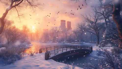 Snowy city park bridge glows under a soft winter sunrise