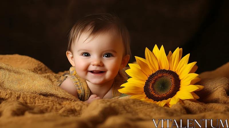 Joyful Toddler with Golden Sunflower Studio Portrait.