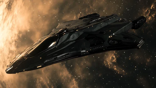 3D-rendered stealth starship with cinematic side lighting.