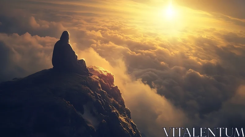 Figure in hooded garment sits on cliff above dense cloud layer