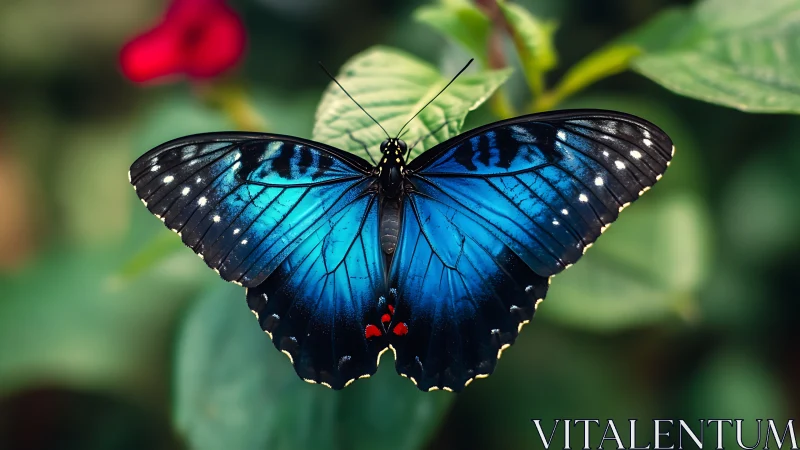 Iridescent blue butterfly macro with botanical bokeh background.