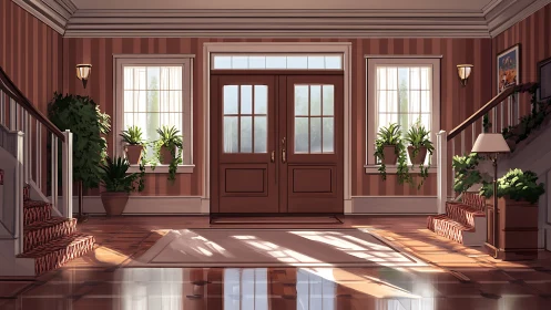 Sunlit foyer of twin staircases wrapped in leafy calm.
