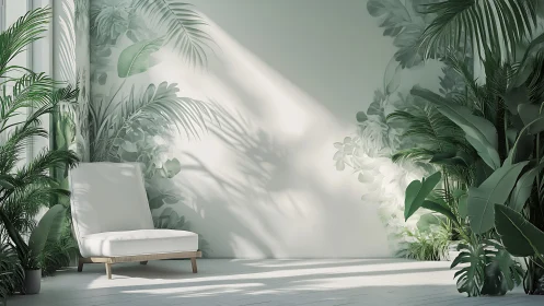 Indoor corner with white lounge chair and dense green plants.