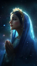Digital painting portrait of praying woman in celestial glow.