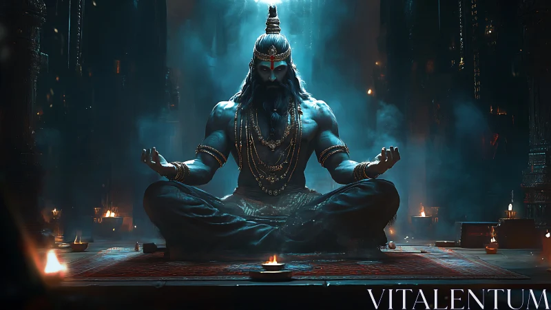 Meditating blue deity radiates power in a smoky temple hall